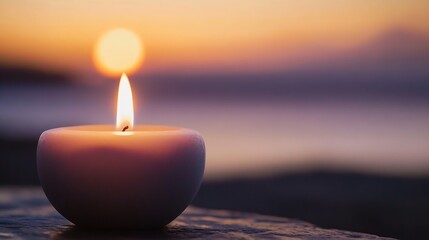 Poster - Relaxing Sunset with Candlelight Glow Over Calm Sea and Gentle Waves at Dusk : Generative AI