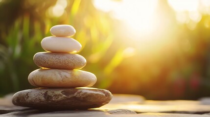 Aufkleber - Balanced Stones in a Serene Sunset Setting for Tranquility and Meditation : Generative AI