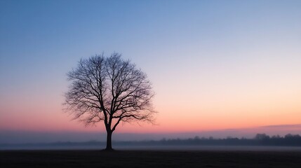 Aufkleber - Lonely Tree Silhouette at Twilight with Soft Pastel Sunset Colors in the Background : Generative AI