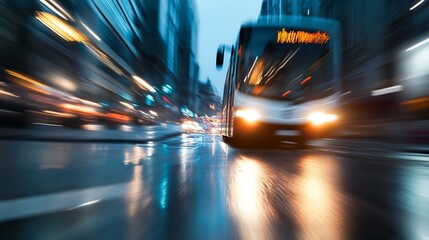 Poster - Urban Bus in Motion Blurring Through Rainy City Streets at Nighttime : Generative AI