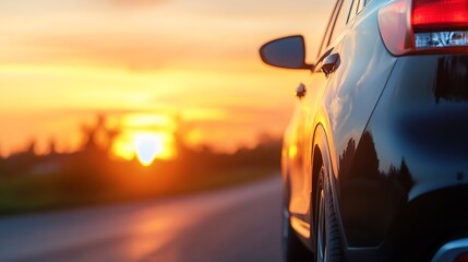 Aufkleber - Stylish Black Car Parked on Road with Scenic Sunset Background Glowing in Golden Light : Generative AI