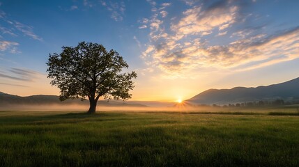 Poster - Majestic Tree Silhouette Against the Sunrise on Misty Morning : Generative AI