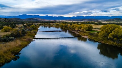 Poster - Aerial View of Scenic River with Bridges and Colorful Autumn Trees : Generative AI