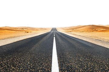 Wall Mural - Straight road through a desert landscape with sand dunes isolated on transparent background