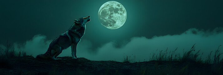 Wall Mural - howling solitude: a lone wolf howling under the full moon's light wide banner - green background