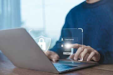 Wall Mural - laptop shows the icon lock shield for cybersecurity. concept of secure privacy data, protect cybercr