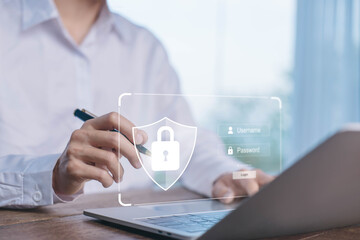 Wall Mural - laptop shows the icon lock shield for cybersecurity. concept of secure privacy data, protect cybercr