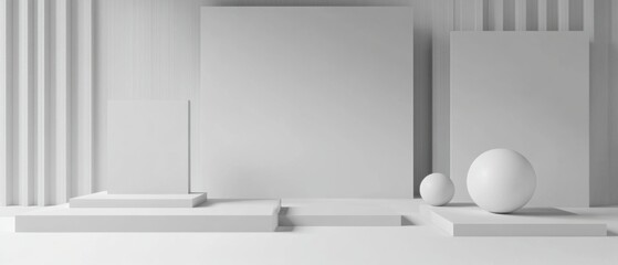 Wall Mural - Minimalist white geometric shapes background with podium platforms and spheres for product display Concept of clean, modern, and abstract design