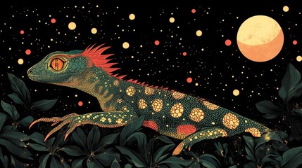 Wall Mural - A Vibrant Pixelated Nightscape Featuring a Detailed Lizard Beneath a Starry Sky and a Full Moon evoking nostalgia and fantasy illustration aesthetics
