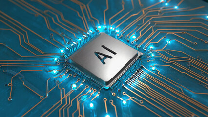 Wall Mural - ai chip: a captivating, close-up view of a futuristic ai chip, showcasing intricate circuitry and th