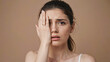 © Audtakorn - Worried Young Woman: Close-up portrait of a young woman with freckles, hand covering part of her face, showing worry, concern, and vulnerability. Her expression conveys a sense of unease or anxiety.
