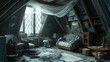 © Mnur - A dimly lit, antique attic room shrouded in cobwebs.