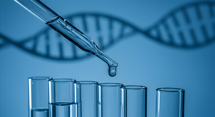 blue tinted laboratory scene with pipette dropping fluid into test tubes and abstract dna model