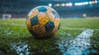 © Dace - Wet soccer ball resting on field during rain at night
