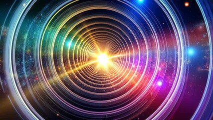 Wall Mural - hypnotic swirling vortex of iridescent light particles traveling through a colorful tunnel in space.