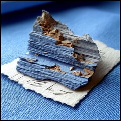 Poster - Blue Layered Rock Fragment on Paper with Lettering, Abstract Nature Still Life Artful Composition.