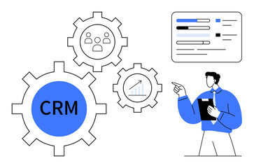 large crm cogwheel linked to team, analytics, and scalable growth icons. business professional analy