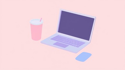 Wall Mural - pastel-toned laptop and drink, a digital workspace.