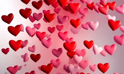 Wall Mural - love valentine's background with pink falling hearts over white. valentine's day background with red
