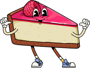 Aufkleber - Groovy fast food cake character. Isolated cartoon vector retro confectionery personage. Funny hippie dessert, sweets slice of cheesecake topped with fresh raspberry and pink glaze, wearing sneakers
