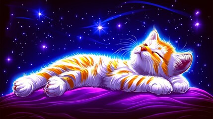 Wall Mural - Dreamy interstellar feline slumbering amidst cosmic wonders a celestial kitty cat in a starlit dreamscape a galaxy of twinkling stars and vibrant nebulae backdrop