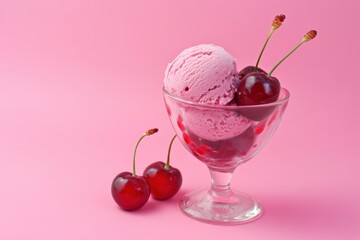 Poster - A whimsical delight: Pink ice cream adorned with vibrant red cherries against a matching backdrop of confectionery pink. So yummy!