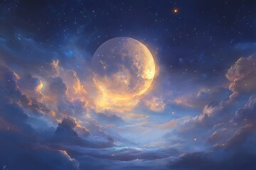 magical night sky with radiant moon spanning across the horizon
