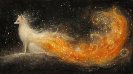 Wall Mural - Ethereal guardian spirit animal art painting a fox with a tail resembling flames in a starry night sky glowing magical wildlife spirit guide concept