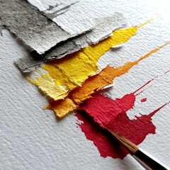 Aufkleber - Artistic Cascade: A watercolor painting of paper samples flowing into vibrant color with a paintbrush in a macro close-up.