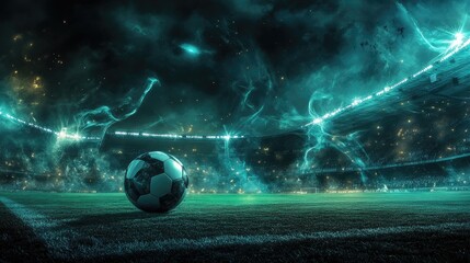 Wall Mural - close up of a soccer ball on the green grass field in the center of the stadium illuminated by the h