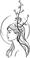 Wall Mural - elegant feminine face in profile with flowing hair and delicate botanical growth in minimalist line 