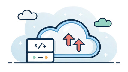 Poster - Cloud storage icon with simple cloud shape and upload arrows, representing data transfer and online storage solutions. design is minimalistic and modern, featuring coding elements