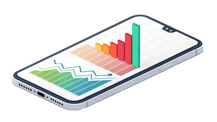 Leinwandbilder - smartphone displaying colorful bar and line charts on its screen, illustrating data analysis and mobile technology trends. charts show growth and progress, emphasizing tech innovation