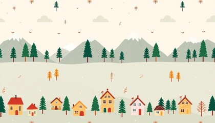 Wall Mural - Whimsical seamless pattern featuring tiny houses, trees, and simplified mountains against a soft background, green, seamless