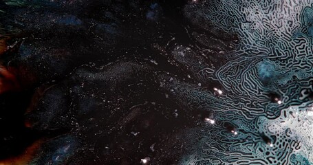 Wall Mural - dark alcohol inks swirl with shimmering particles and form intricate blue maze-like patterns capturi