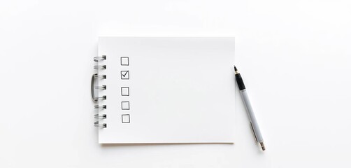 Wall Mural - White checklist notepad, pen, and blank white paper on white background, pad, planning