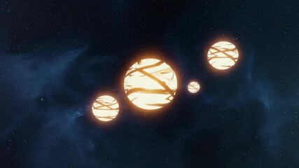 Wall Mural - Four glowing planets float in the dark void of space with a nebula