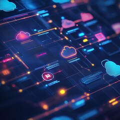 Abstract Digital Network Technology Cloud Computing Data Interface Web Neon Glow Dark Blue Pink     