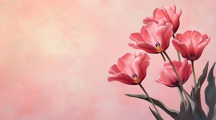 Soft pink tulips on a light pink background with diffused lighting, showcasing delicate textures and colors in high resolution. This realistic style composition is perfect for floral designs, spring t
