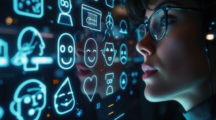 Fototapete - A young woman in glasses interacts with glowing digital icons, showcasing technology's impact on communication and emotions.