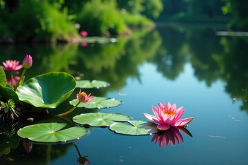 Canvas Print - lily pads and wildflowers mirrored on tranquil lake surface, lily pads, green, elegant