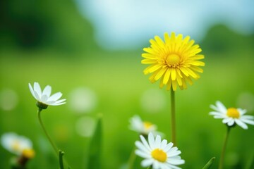 Wall Mural - One bright yellow dandelion in field of white daisies, outstanding, plant, spring