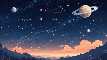 Wall Mural - Starry sky with faint outlines of planets and distant constellations scattered across