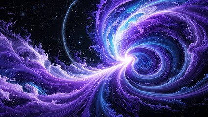 Wall Mural - Swirling cosmic energy in purple blue and white with a black space backdrop