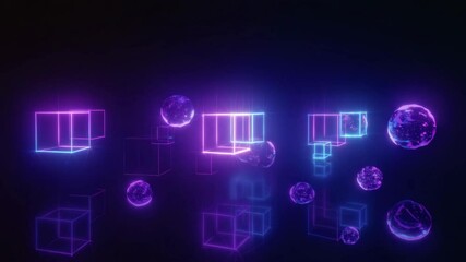 Wall Mural - abstract glowing cubes and spheres in dark neon environment