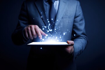 Wall Mural - businessman interacting glowing tablet with blue suit on transparent background