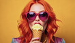 © lll - Close-Up Portrait of a Woman Enjoying an Ice Cream Cone with a Bold Yellow Background