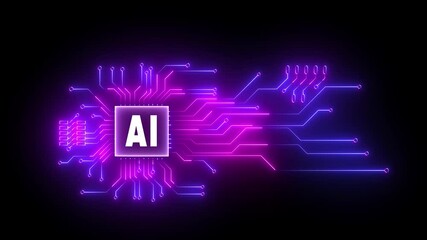 Neon AI Circuit Board Technology Background Animation. Artificial Intelligence Chip with Glowing Circuit Lines concept. 4k video motion graphic