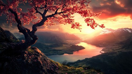 Wall Mural - A lake illustrator nature serene landscape background with a winding path through lush green hills, dotted with wildflowers, under a dramatic sky, capturing nature's beauty and inviting adventure