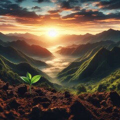 Wall Mural - Sunrise over mountains. Green seedling grows from earth between rocks. New plant life, ecology. 
